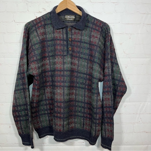 VTG Cortina Italia Sweater Mens Large Multicolor 3 Button Pullover Wool Blend - Picture 1 of 14